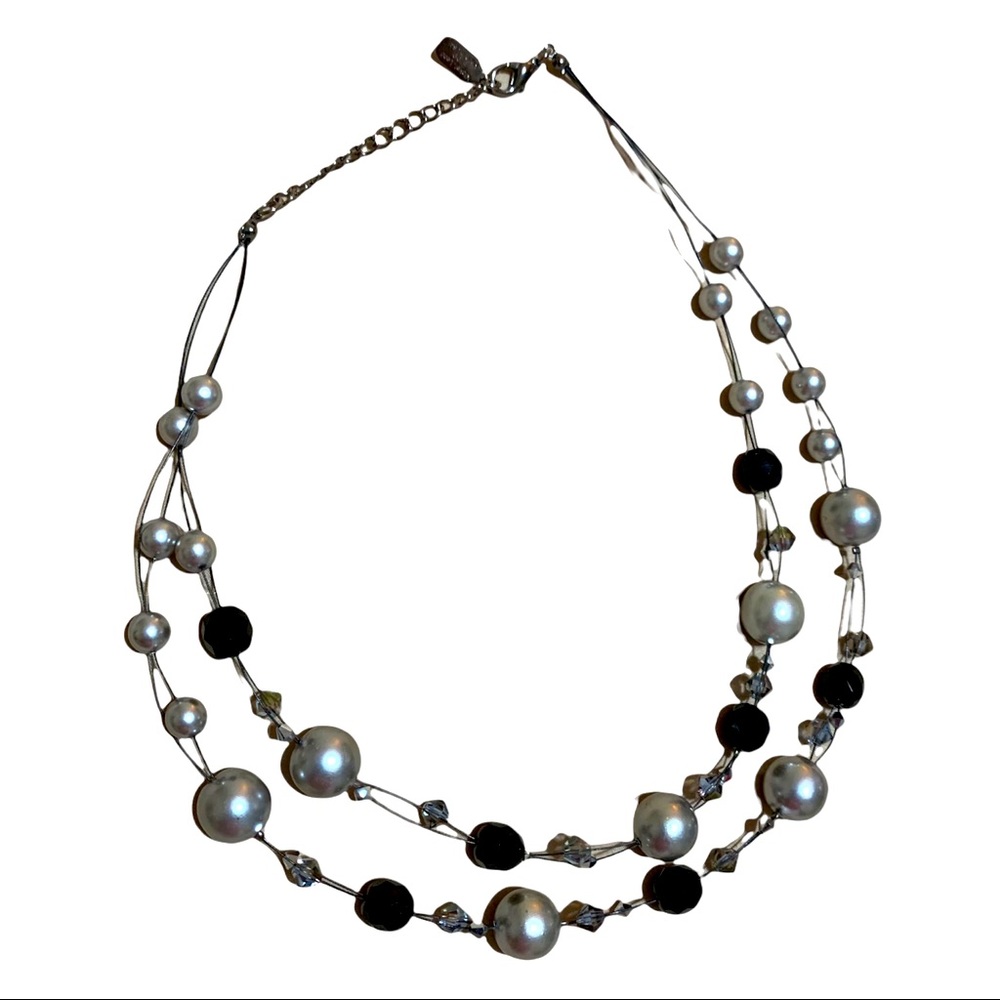 Silver Pearl & Black Stone Necklace